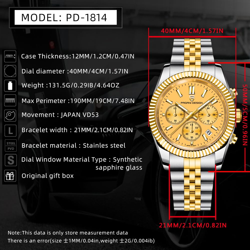 CEYADG Pagani Design - Reloj cronógrafo para Hombre, 40 mm, Reloj de Pulsera de Lujo para Negocios, Movimiento Japan VD53, Fecha, Dorado