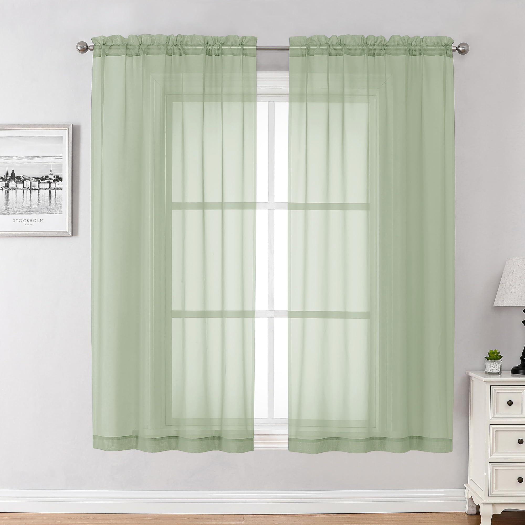 Chyhomenyc – Light Green Sheer Curtains 160 cm Long, Set of 2 Panels – Filter Curtains for Bedroom, Light and Airy Voile with Rod Pocket for Living Room, 106.7 x 160 cm (W x L) — image 1