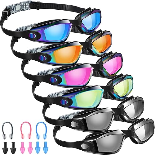 Flutesan Paquete de 6 gafas de natación para adultos y niños, anti niebla, con tapones para los oídos, clip para la nariz, sin fugas, protección