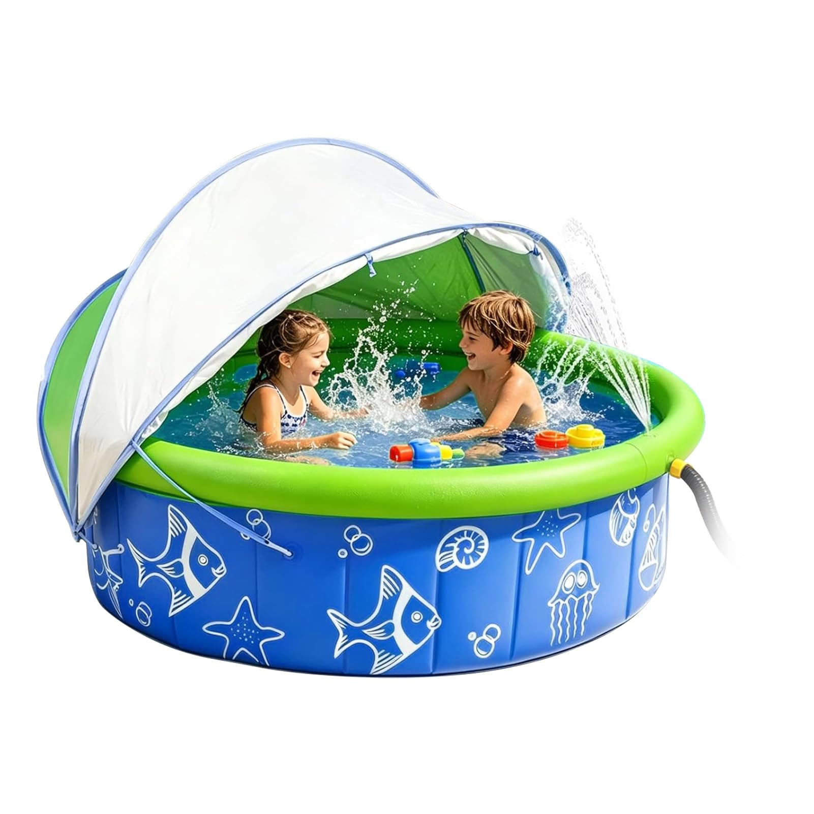 Planschbecken für Baby mit Dach, Strandmuschel Baby Planschbecken mit Sonnenschutz, Klappbarer Abnehmbares Kinderplanschbecke, Aufblasbar Babypool mit Wassersprühfür Strand, Urlaub, Camping (A)