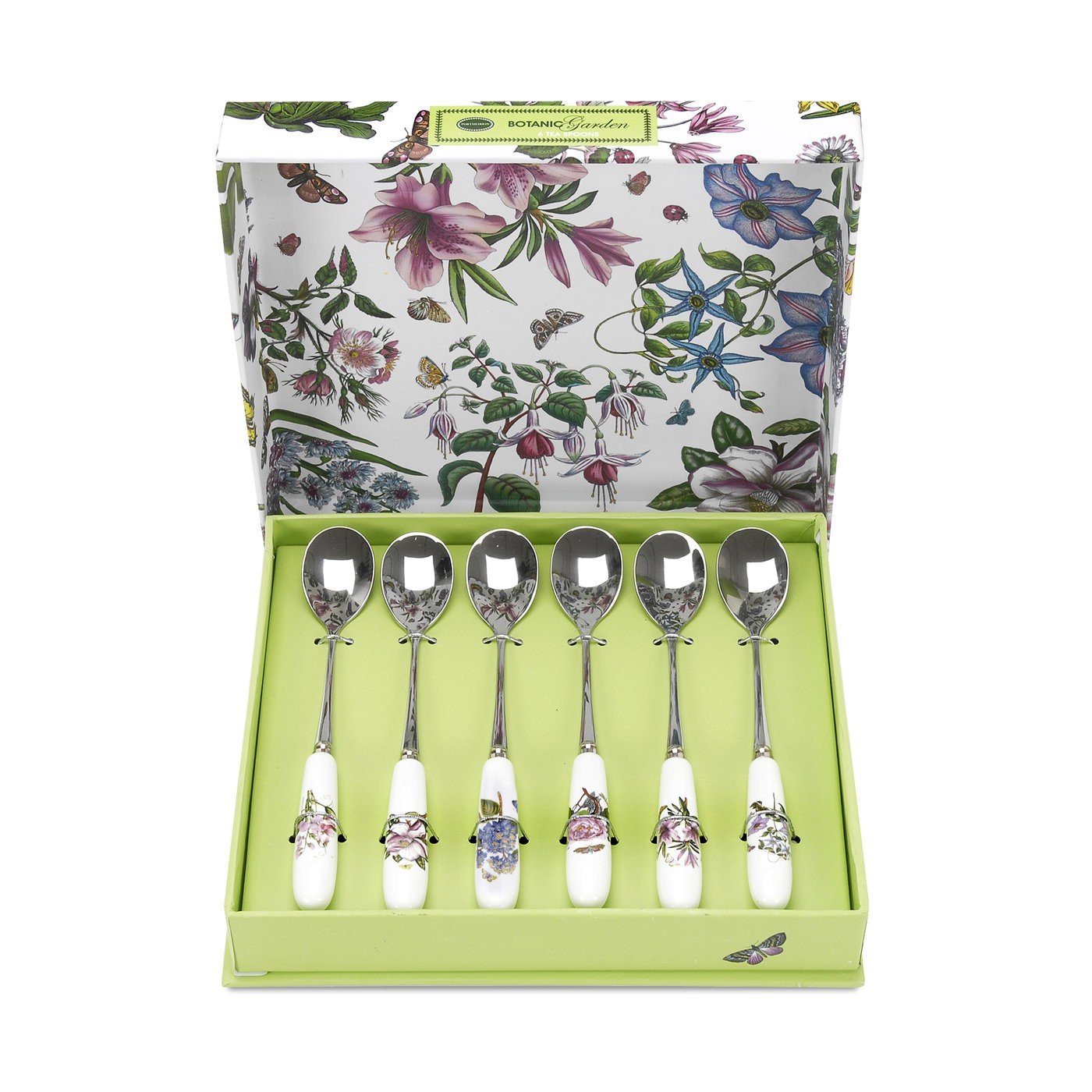 Portmeirion x Botanic Garden Set of 6 Tea Spoons - White Porcelain & Stainless Steel Teaspoons, Beautiful Floral Design for Tea, Coffee, or Dessert