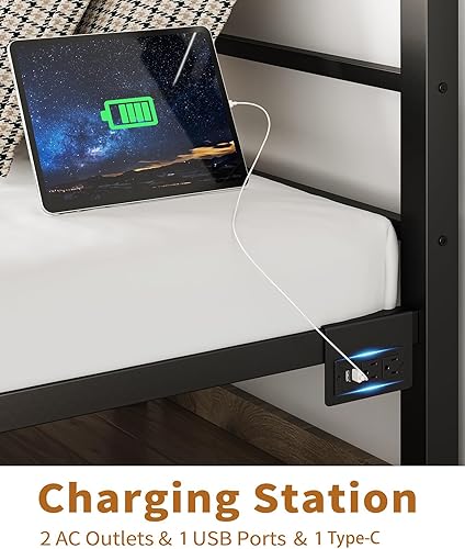 Miniatura 19 de Base de cama de tamaño individual con estación de carga y luces LED, marco de cama de metal con cabecero, cabecera tapizada negra con estantes de