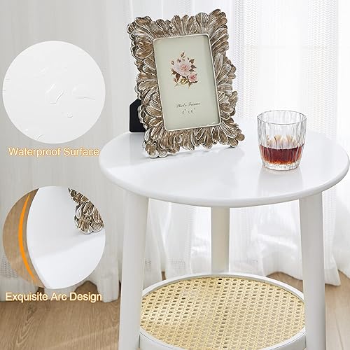 Miniatura 4 de APICIZON Mesa auxiliar redonda con almacenamiento, mesita de noche de ratán blanco, mesa auxiliar pequeña para sala de estar, dormitorio, espacios