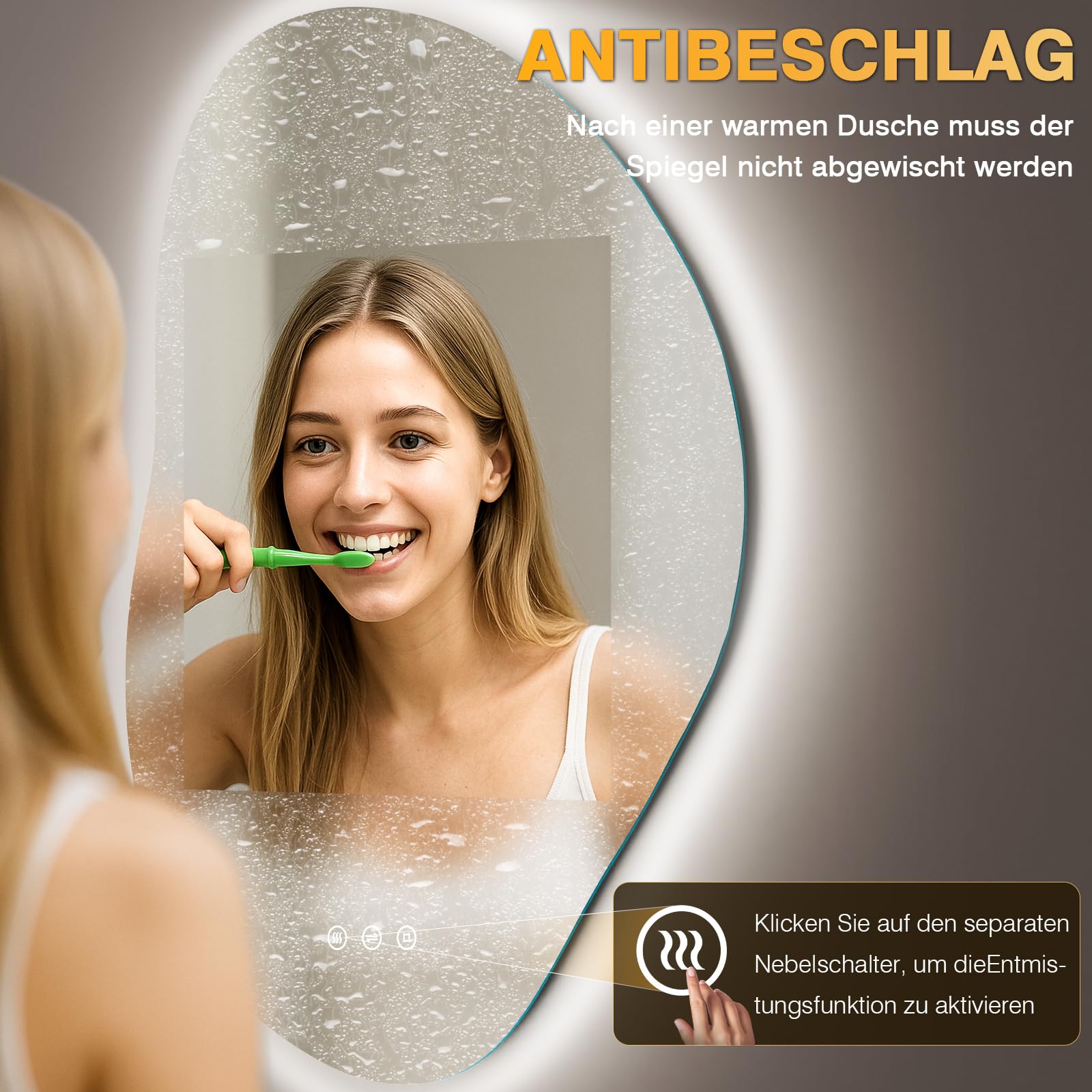 Spiegel mit Beleuchtung Asymmetrischer, LED Badspiegel mit Touch-Schalter, 3 Lichtfarbe, Dimmbar, Beschlagfrei Badezimmerspiegel mit Beleuchtung 80x 53cm