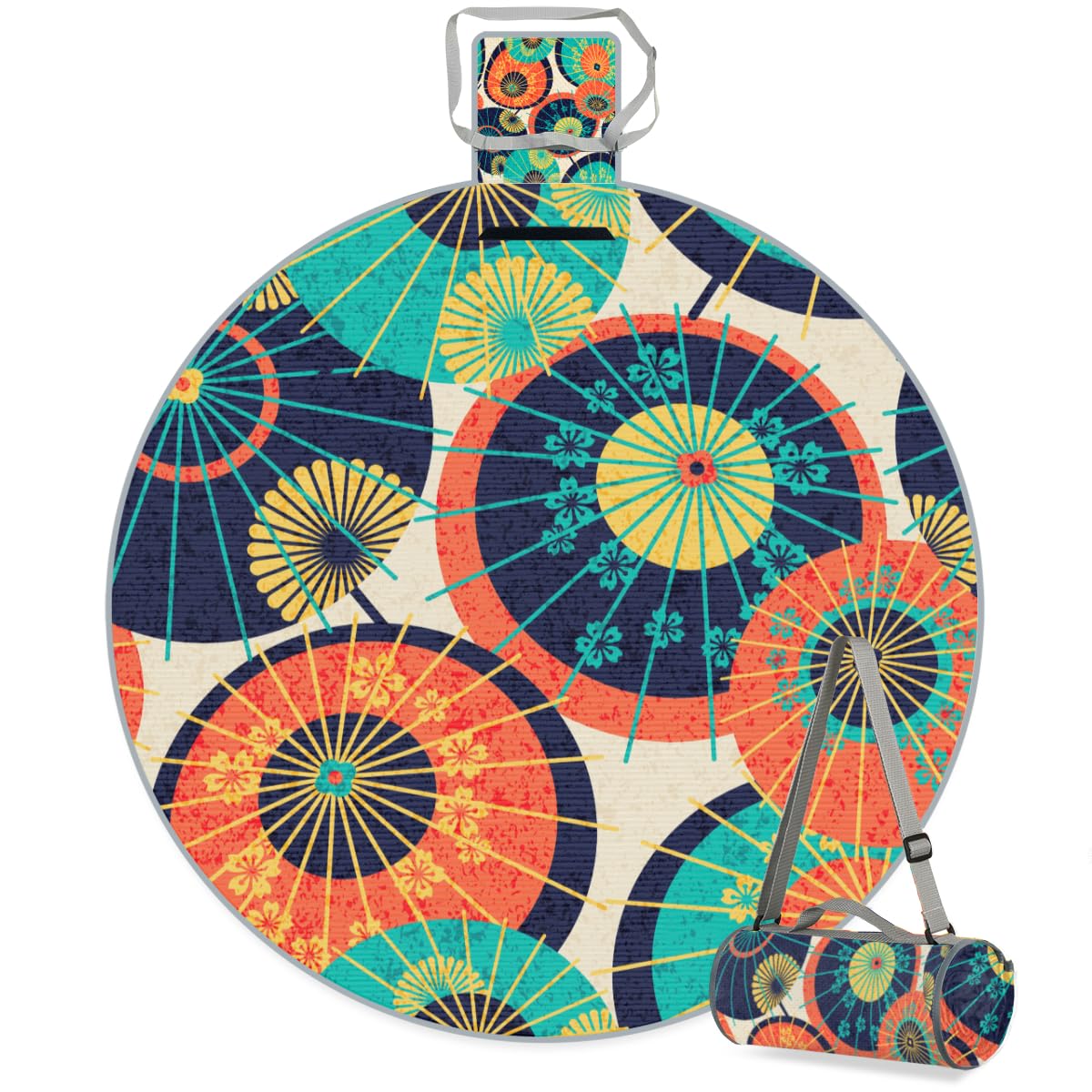 Shimoshe Mandala Flower Umbrella Picnic Outdoor Blanket Foldable Waterproof Sandproof Beach Blanket Portable Water-Resistant Round Picnic Mat for Travel Camping Park Lawn