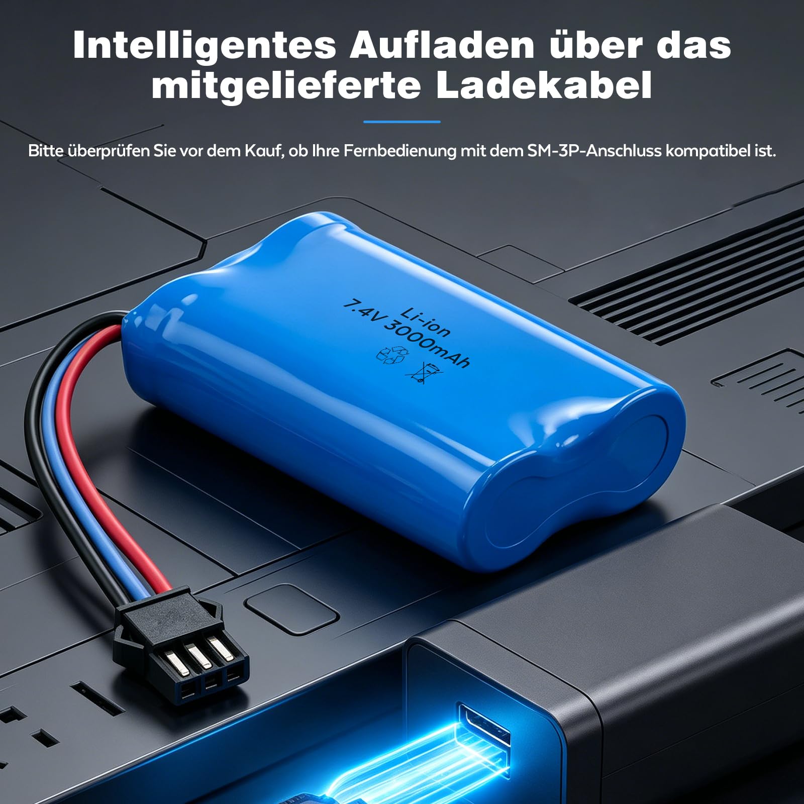 Batería de iones de litio de 7,4 V, batería de iones de litio recargable con enchufe SM-3P y cable de carga - Batería de iones de litio para vehículos controlados por radio, coches de acrobacia