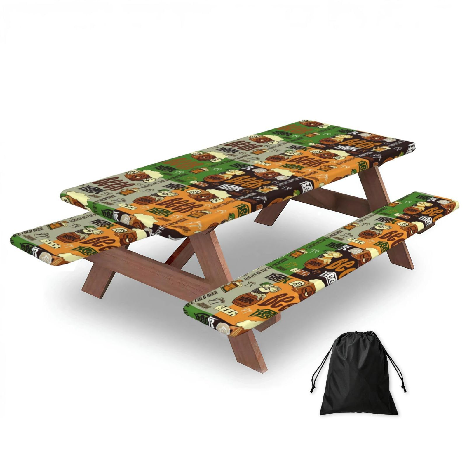 Zyjhyy Black Beer Print Party Table Covers With Bench Covers Set Of 3 Picnic Table Cloth Wipe Clean For Garden Camping