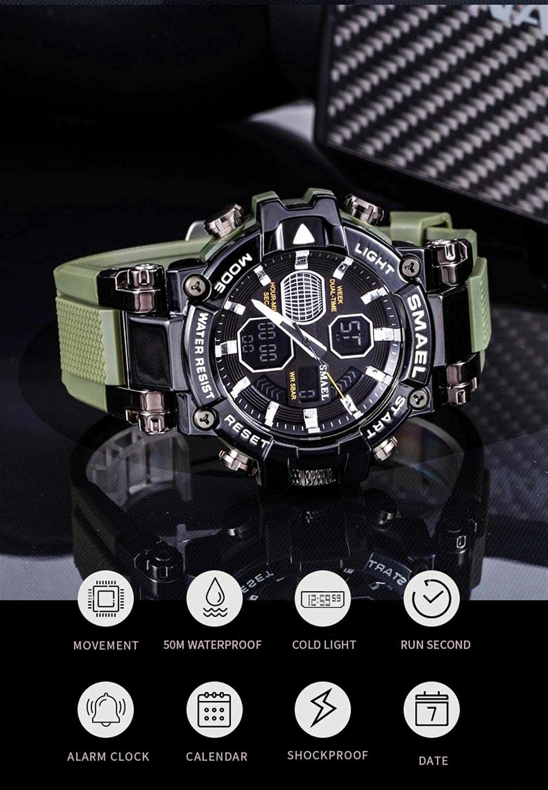 Montre Numérique pour Homme Military Sport Analogique Digital Chronographe Montres pour Homme Étanche LED Résine Montre-Bracelet