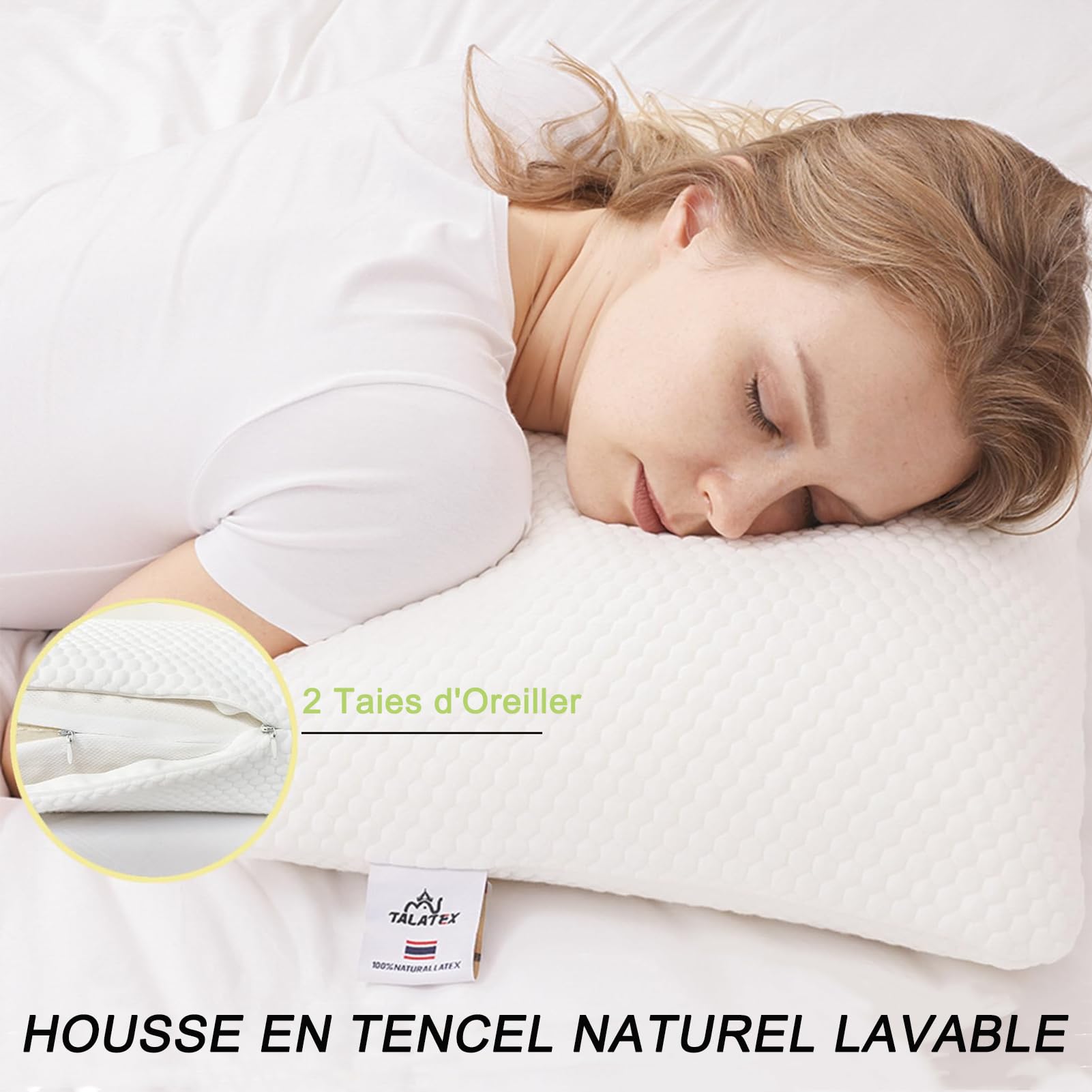 Talatex Oreiller en Latex Naturel 100% Pur, Aide à Soulager la Douleur et la Pression, Pas de Mousse à Mémoire de Forme, Oreiller en Latex Profond, Taille 60 x 40 x 13 cm, Lavable avec Taie en Tencel