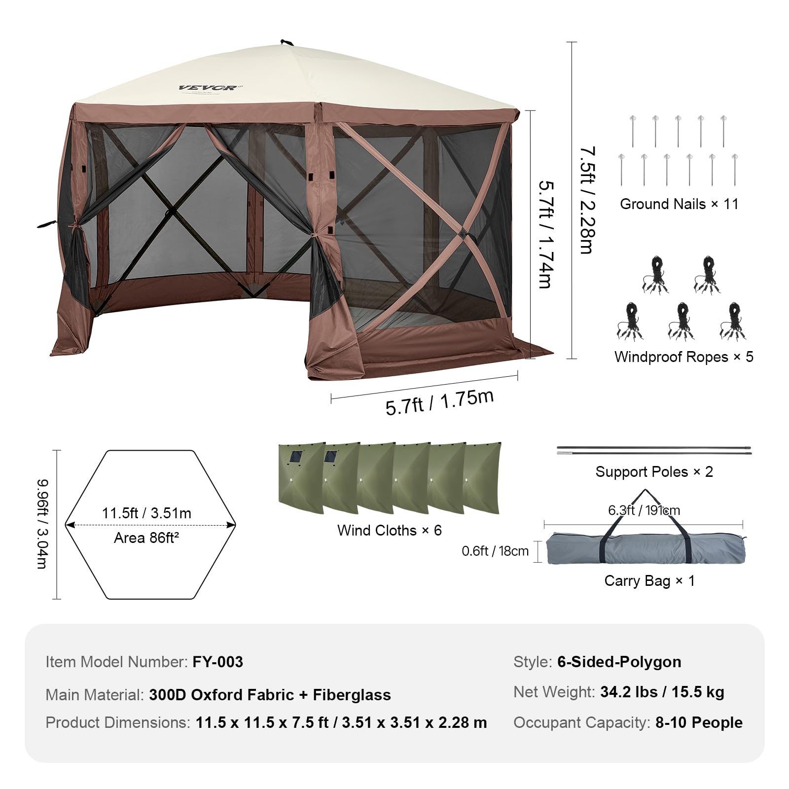 VEVOR Gazebo Pop-Up, Tenda con Schermo Pop-Up, Baldacchino su 6 Lati, Riparo da Sole 6 Panni Antivento Rimovibili Finestre in Rete, con Zanzariera Schermo a Montaggio Rapido 3,51 x 3,51 m Marrone