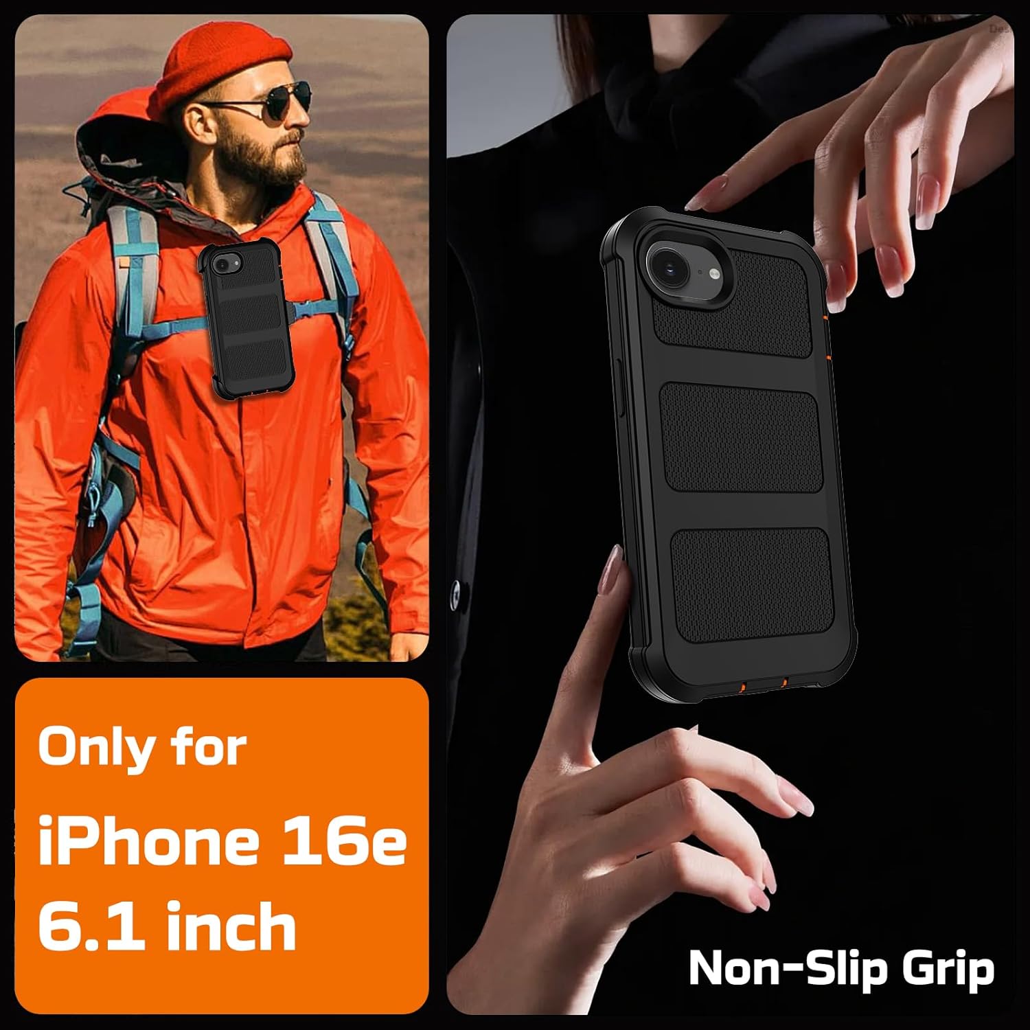 for iPhone 17e/16e Case with Belt Clip Holster,Military Grade Anti-Drop Shockproof Defender Phone Cases 2x Screen Protectors & Kickstand,2 Layers Rugged Heavy Duty Protective Bumper Cover(Black Orange