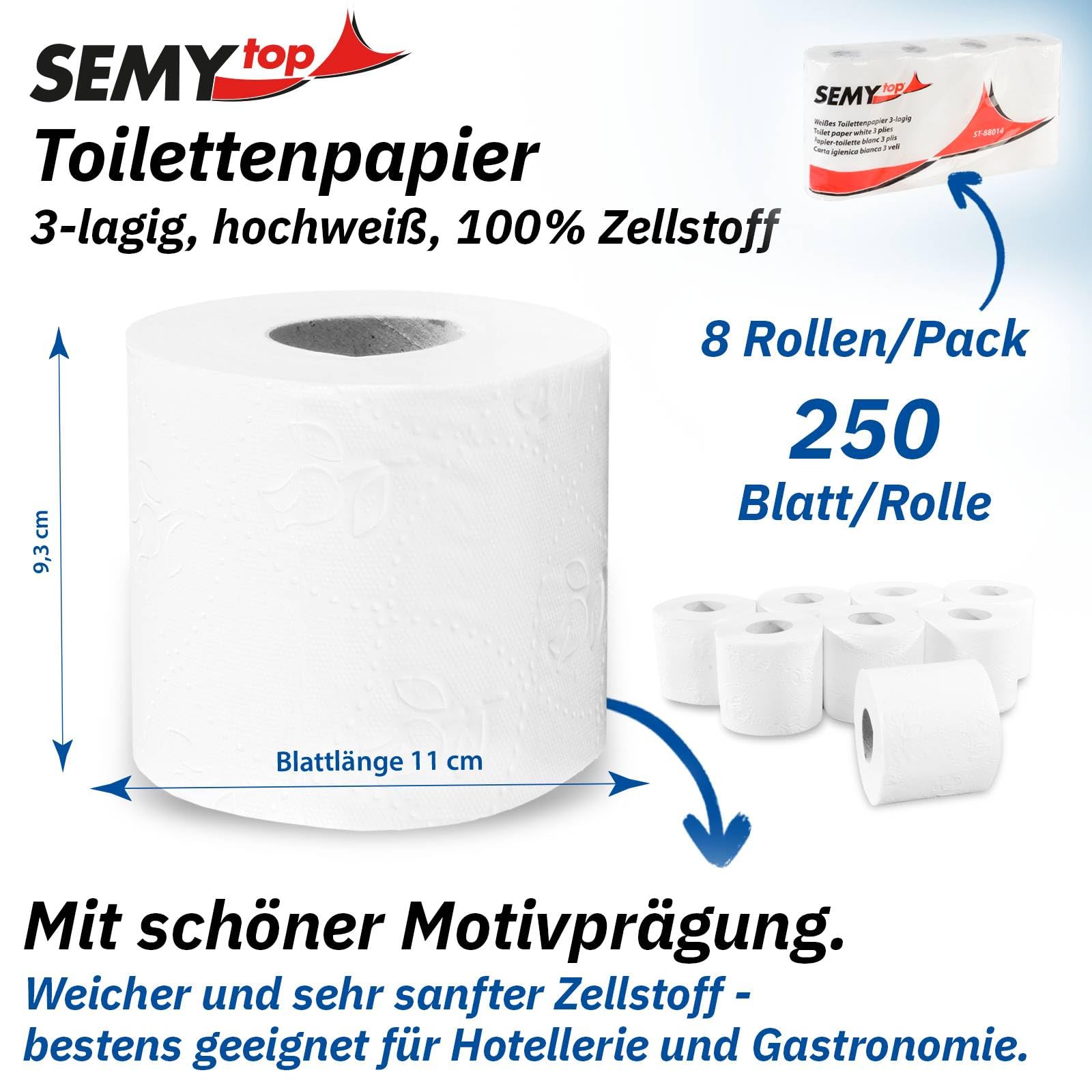 Semy Top 3-warstwowy jasny biały papier toaletowy 250 arkuszy (po 7 paczek po 8 rolkach)
