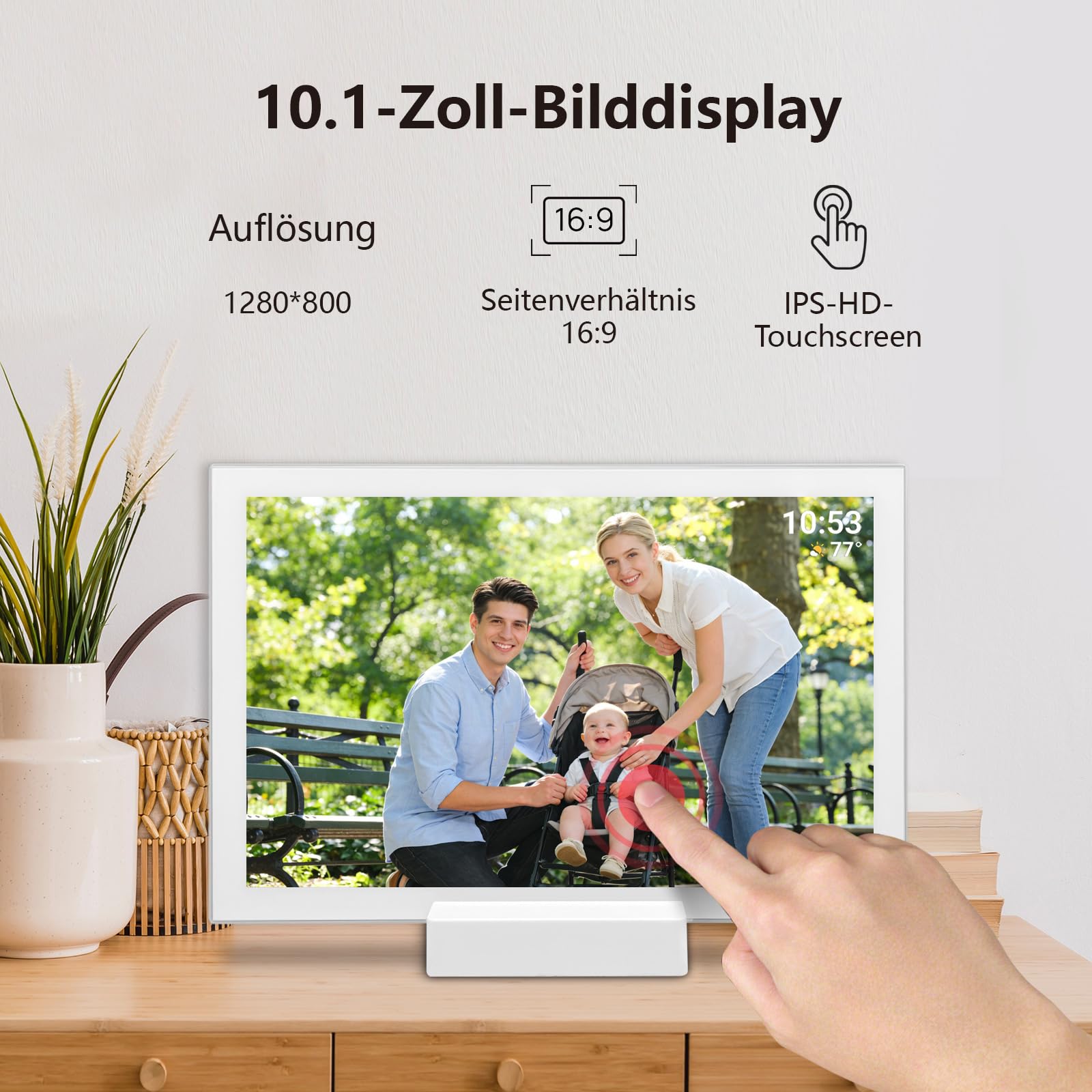 Frameo Digitaler Bilderrahmen 10,1 Zoll WLAN, 5000mAh Akku mit kabelloser Ladestation, 32GB Speicher, HD IPS Touchscreen, Auto-Rotation, Sofortiges Teilen von Fotos und Videos via Frameo App– Der idea