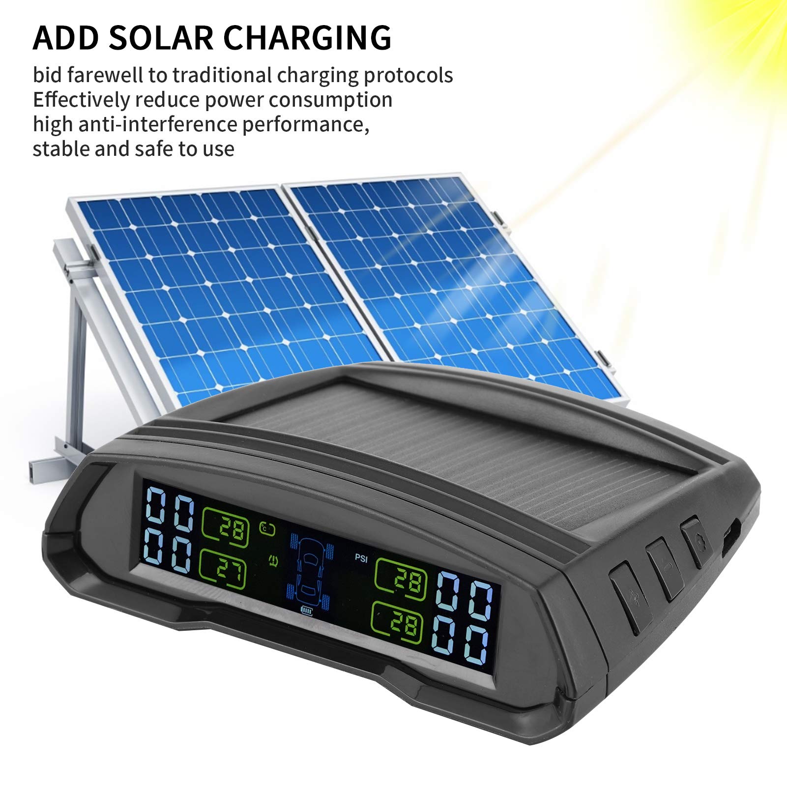 Sensor presion neumaticos+ inalámbrico de monitoreo de presión de Llantas TPMS Energía Solar o USB TPMS con 4 sensores para la presión y Temperatura del Remolque de Viaje de Autocaravana