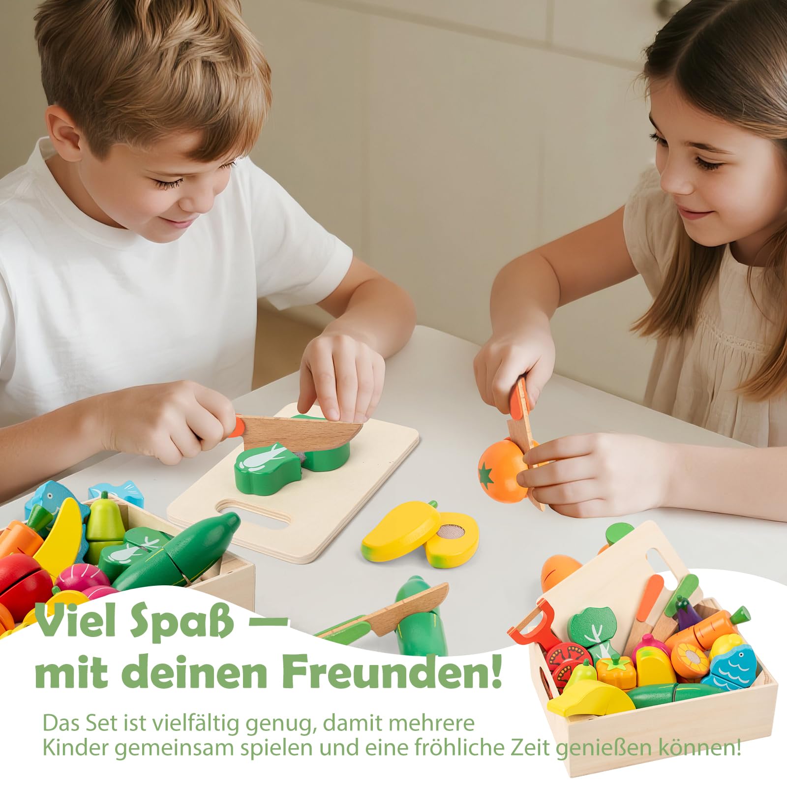 Kinderküche Zubehör Spielzeug ab 3 Jahre, Holzspielzeug Kinderküche Spielküche Zubehör mit Klett-Verbindung, 32 Stück Küchenspielzeug Lernspielzeug Rollenspiele Pädagogisches Spielzeug Geschenk
