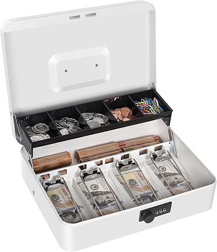 Miniatura 18 de Caja de efectivo con cerradura de combinación, caja de dinero de metal para caja registradora, caja de seguridad grande para dinero 11.8 x 9.4 x
