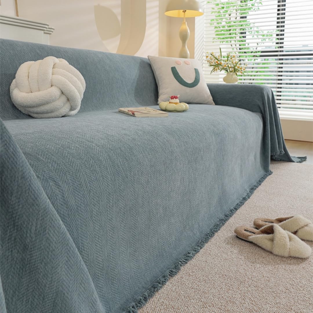Highdi Chenille Sofa Throws Large Ersatile Soft Throw Blanket with Tassels, Solid Color Extra Large Throws for Settees Couch, Sofa, Bed, Armchair (Blue,180x230cm)