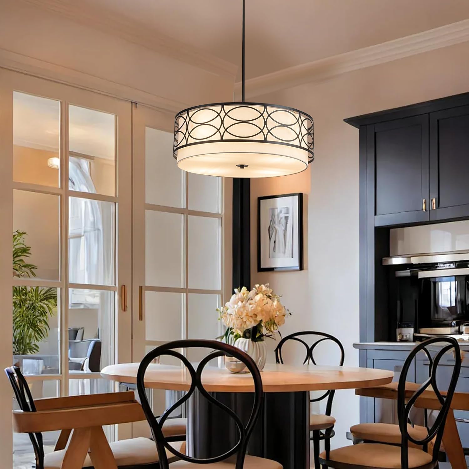 4 Light Drum Chandelier for Dining Room 22'' Black Round Chandeleirs Foyer Light Fixture Modern Farmhouse Drum Pendant Light Kitchen Island White Fabric Light Entryway Bedroom ETL