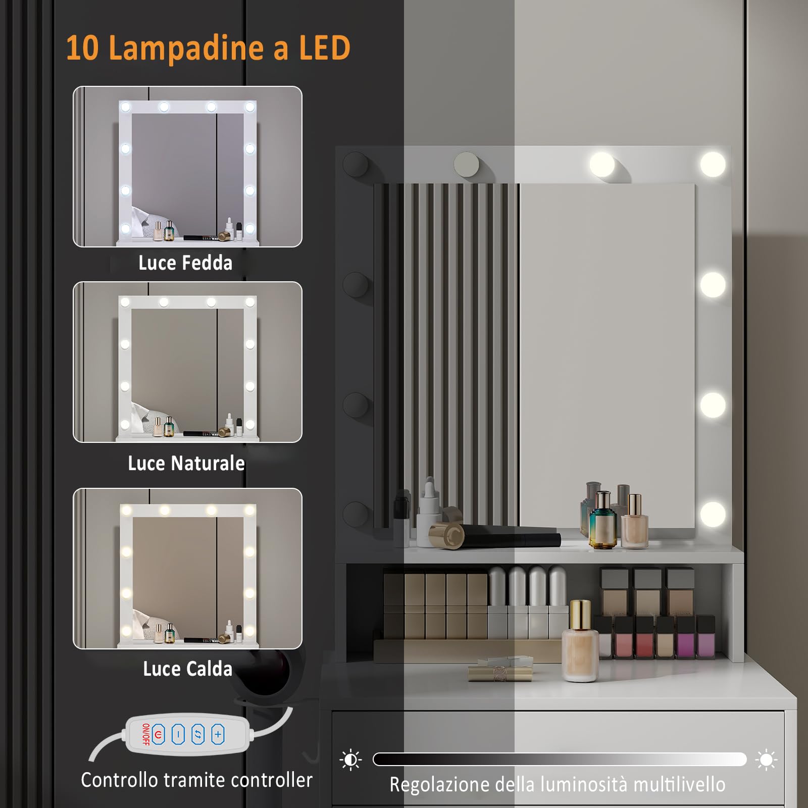 YU YUSING Toeletta Trucco con 10 Luci LED, 3 Colori, Tavolo da Trucco con Specchio e Sgabello, 2 Cassetti e 1 Ripiani Aperto, Supporto per Asciugacapelli, Postazione per Camera da Letto Soggiorno, Oro