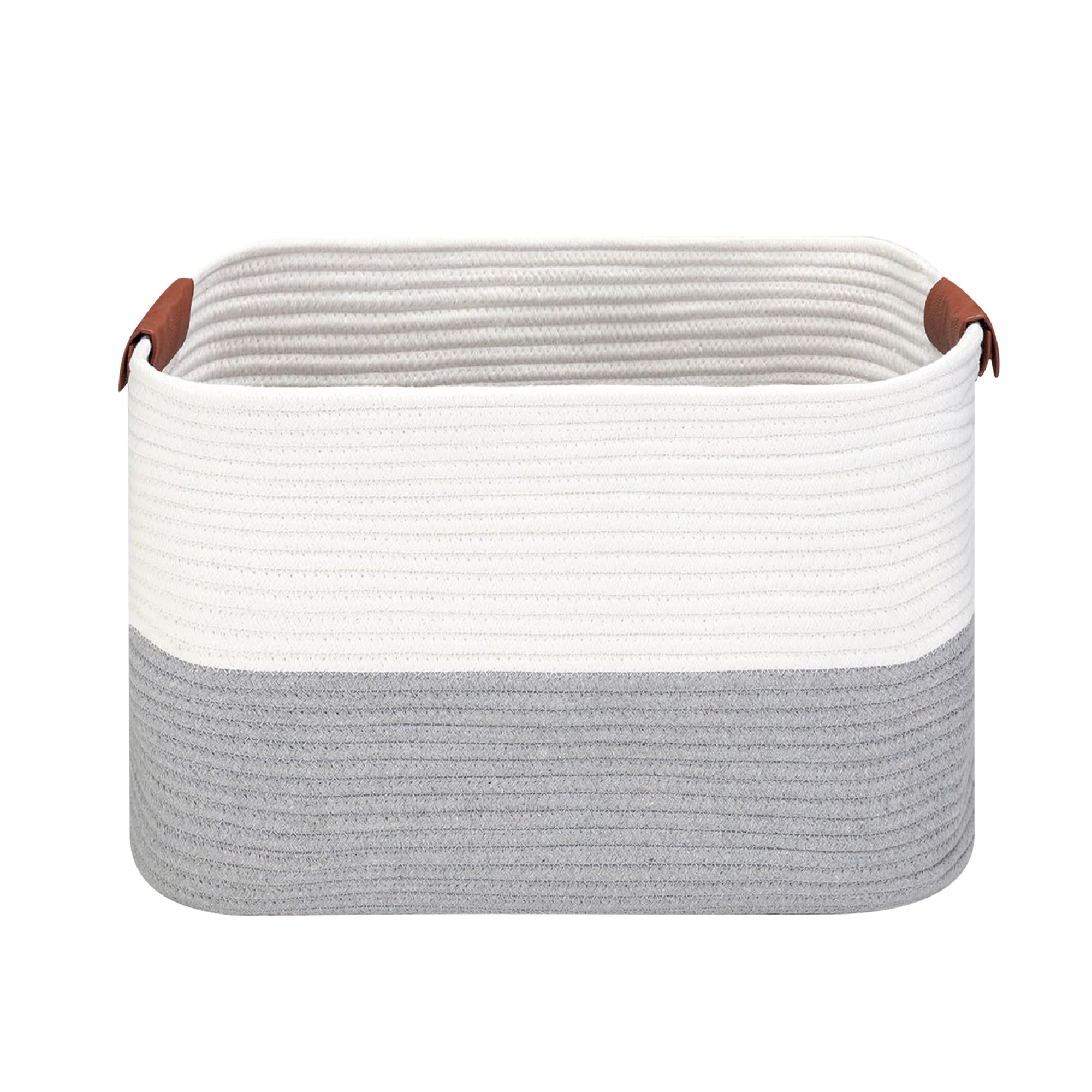 Small Cotton Rope Storage Basket with Leather Handles, 15 "L x 11.5" W x 7.5 "H, Home Decor Basket, Durable & Stylish Organizer for Home.(Small Gray)