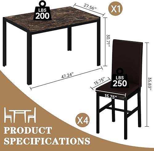 Miniatura 5 de Recaceik Juego de mesa de comedor para 4 mesas y sillas de cocina, mesa de comedor de mármol sintético con 4 juegos de cuero sintético para comedor,