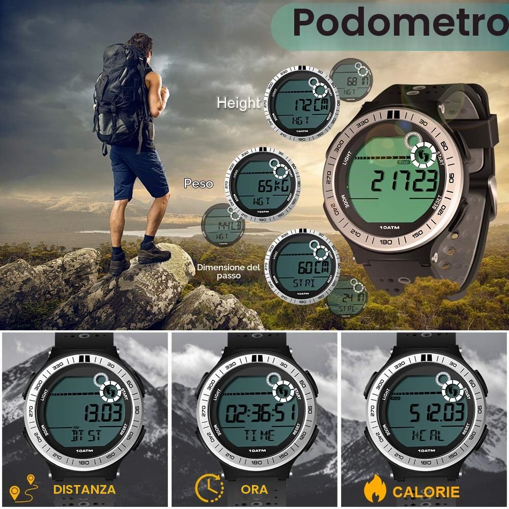 10 ATM Impermeabile Orologio da polso Sportivo Pedometro per Uomini Ragazzi Orologio per Immersioni Subacquee con Funzione Lap Cronometro e Sveglia, Formato 12/24 Ore Selezionabile