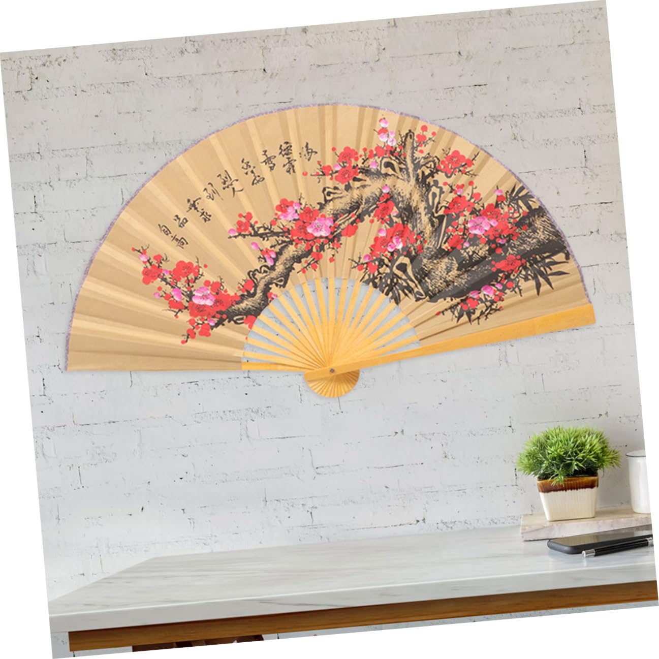 2 Stück Großer Papierfächer im Chinesischen Stil mit Blumenmuster Traditionelle Wanddekoration aus Papier und Holz für Feierlichkeiten und Hochzeitsatmosphäre