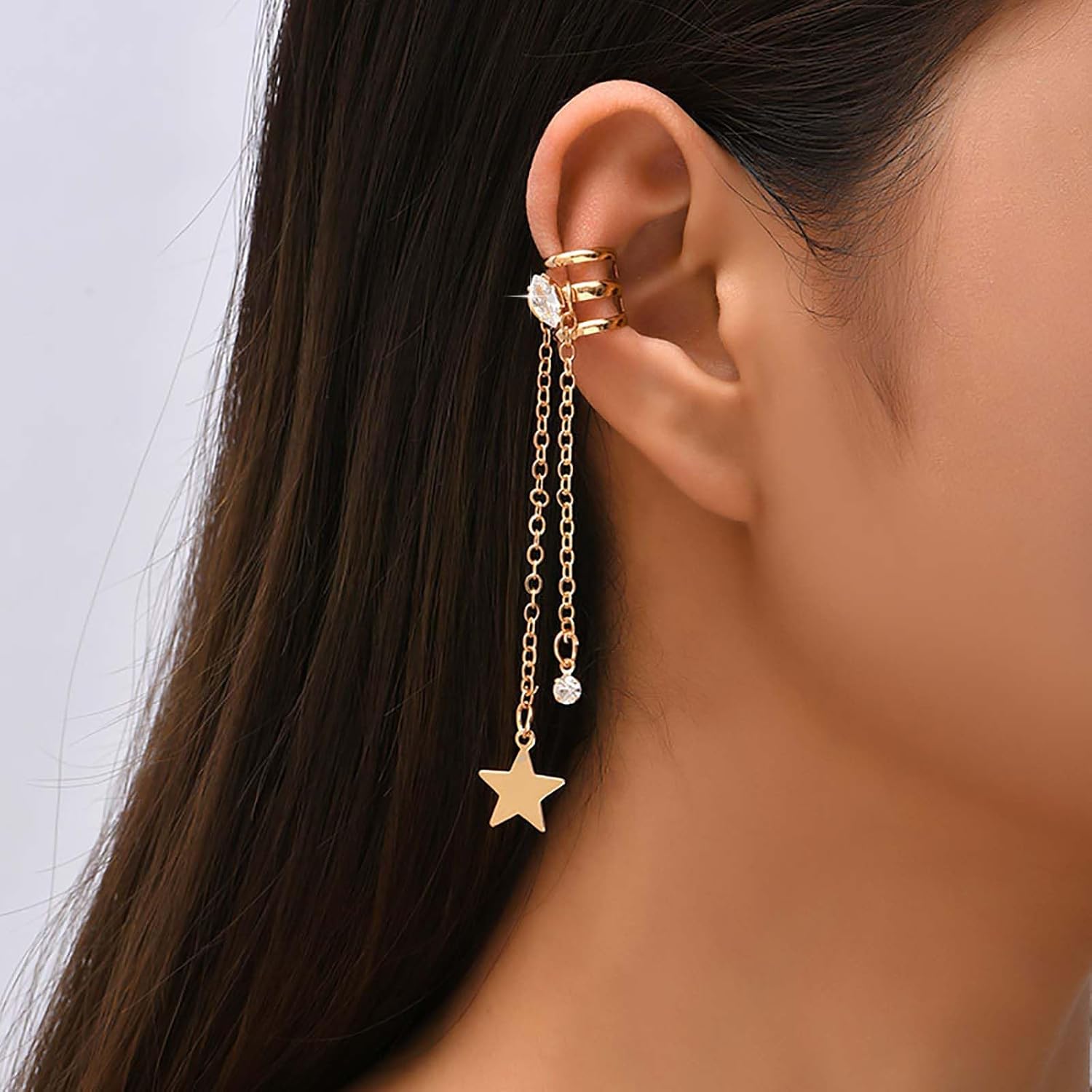 Bohemia Star Tassel Ear Cuff Earrings Gold Chain Drop Cartilage Cuff Earrings Crystal Dangle Wrap Cuff Earrings No Piercing Earrings Jewelry for Women - Image 2