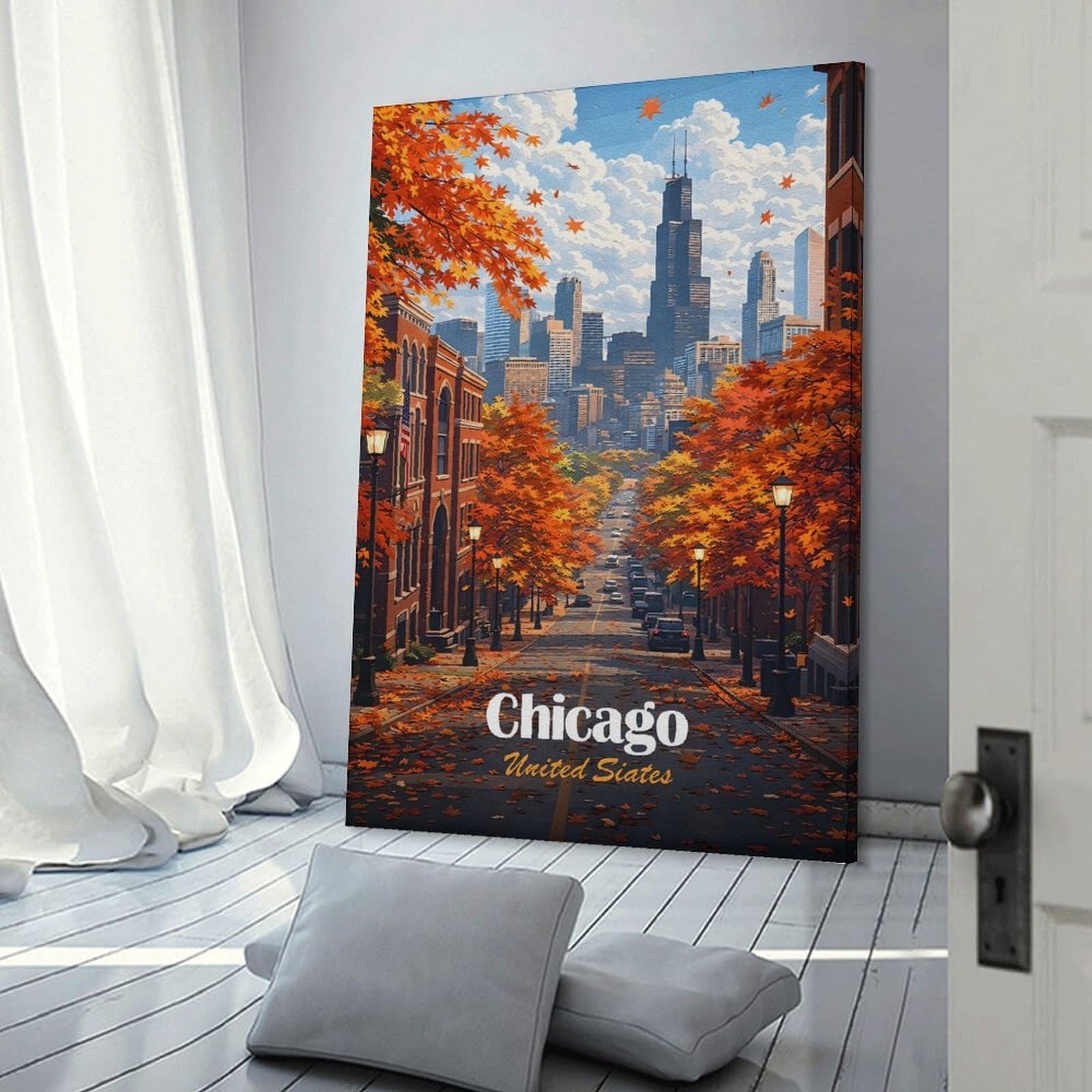 Junmoney Chicago Skyline in Autumn Room Decor Wall Art 24x36inch(60x90cm), for Bedroom, Guest Room Or Reading Nook, An Easy Wall Refresh for Bedrooms