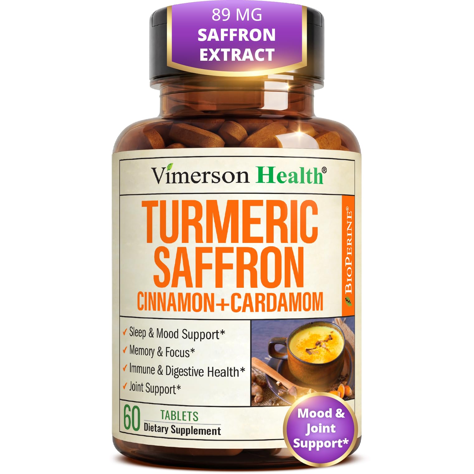 Saffron Supplements Saffron Extract 89mg + 1000mg Turmeric Curcumin 60Tab 60 Count Tablets (Pack of 1)