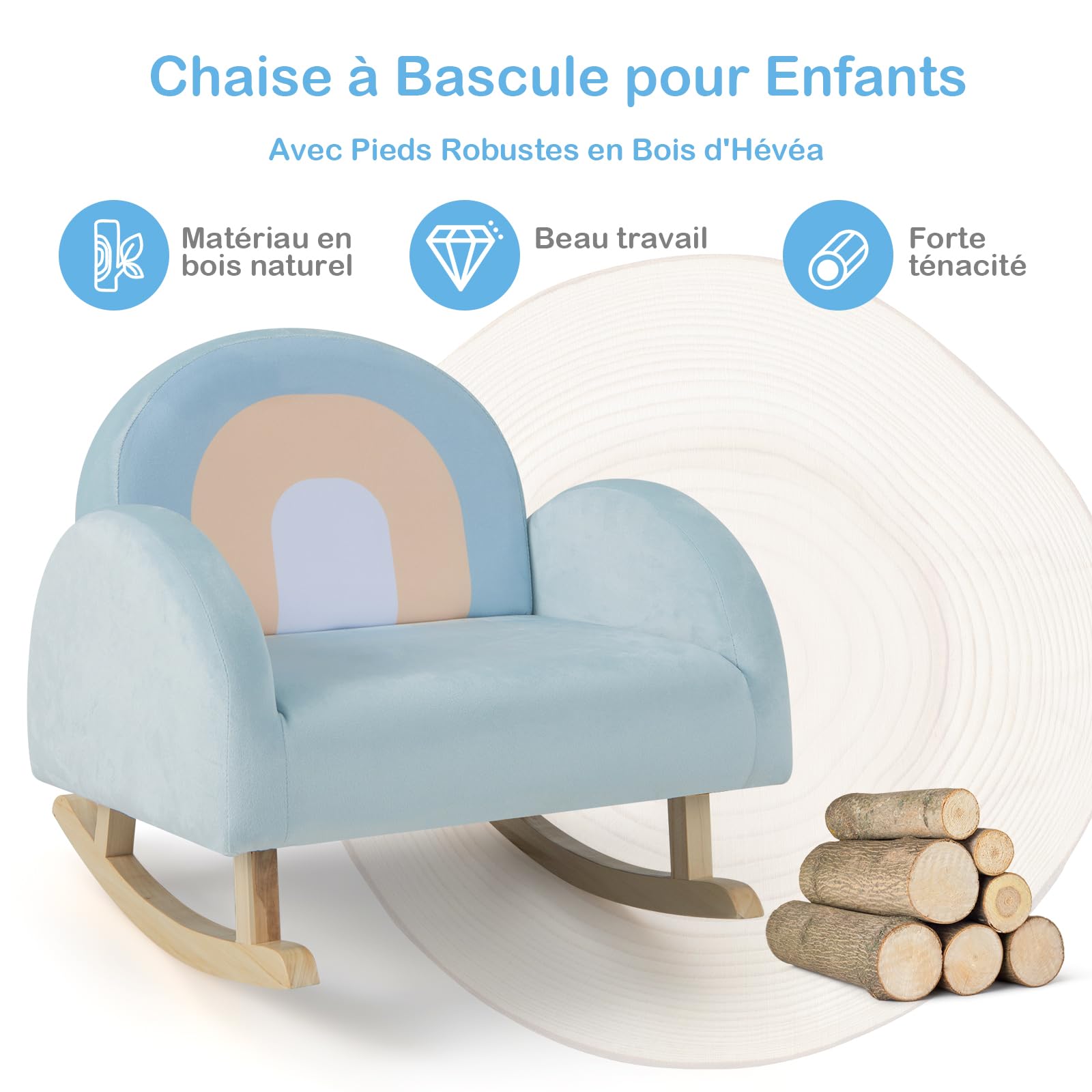 GOPLUS Fauteuil à Bascule Enfant 3-5 Ans, Canapé Enfant avec Cadre en Bois Massif et Revêtement en Velours, Design Anti-Basculement, Chaise à Bascule pour Chambre d'enfant, Salle de Jeux, Bleu