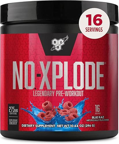BSN N.O.-XPLODE - Polvo de preentrenamiento, suplemento energético para hombres y mujeres con creatina y beta-alanina, Blue Raz, 16 porciones, 0.65