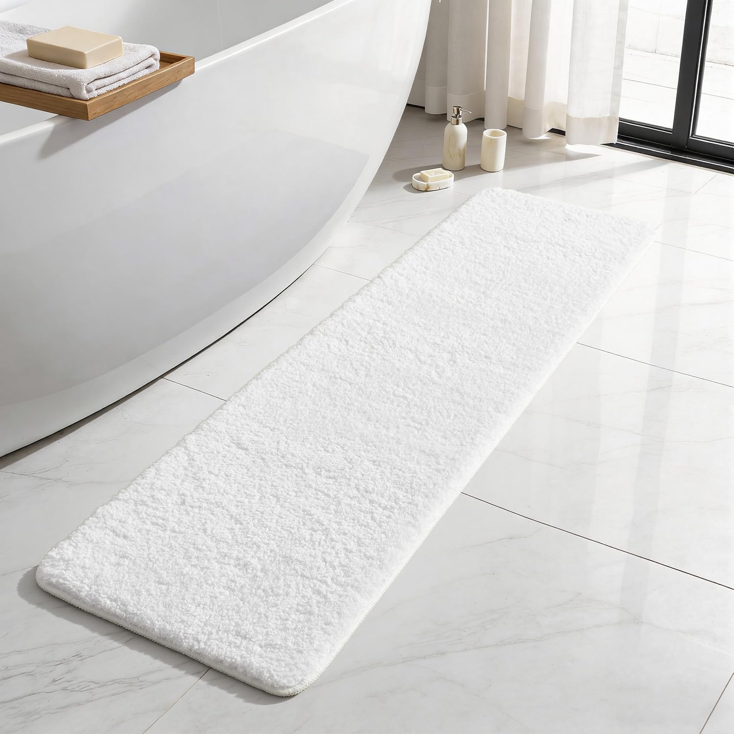TYUU White Bathroom Runner Rugs, Ultra Soft Long Bath Mat Machine Washable Super Absorbent Quick Dry Bathroom Runner Rug 16 x 60 Non Slip, White 16" x