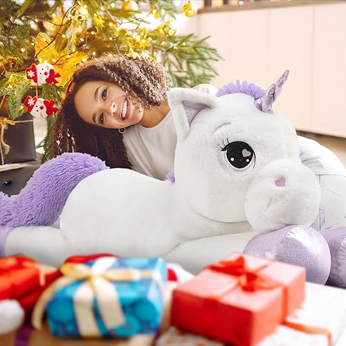 Miniatura 5 de Peluche de unicornio gigante de 43 pulgadas, almohada de peluche de unicornio, regalo para niñas, niños, novia, blanco y morado