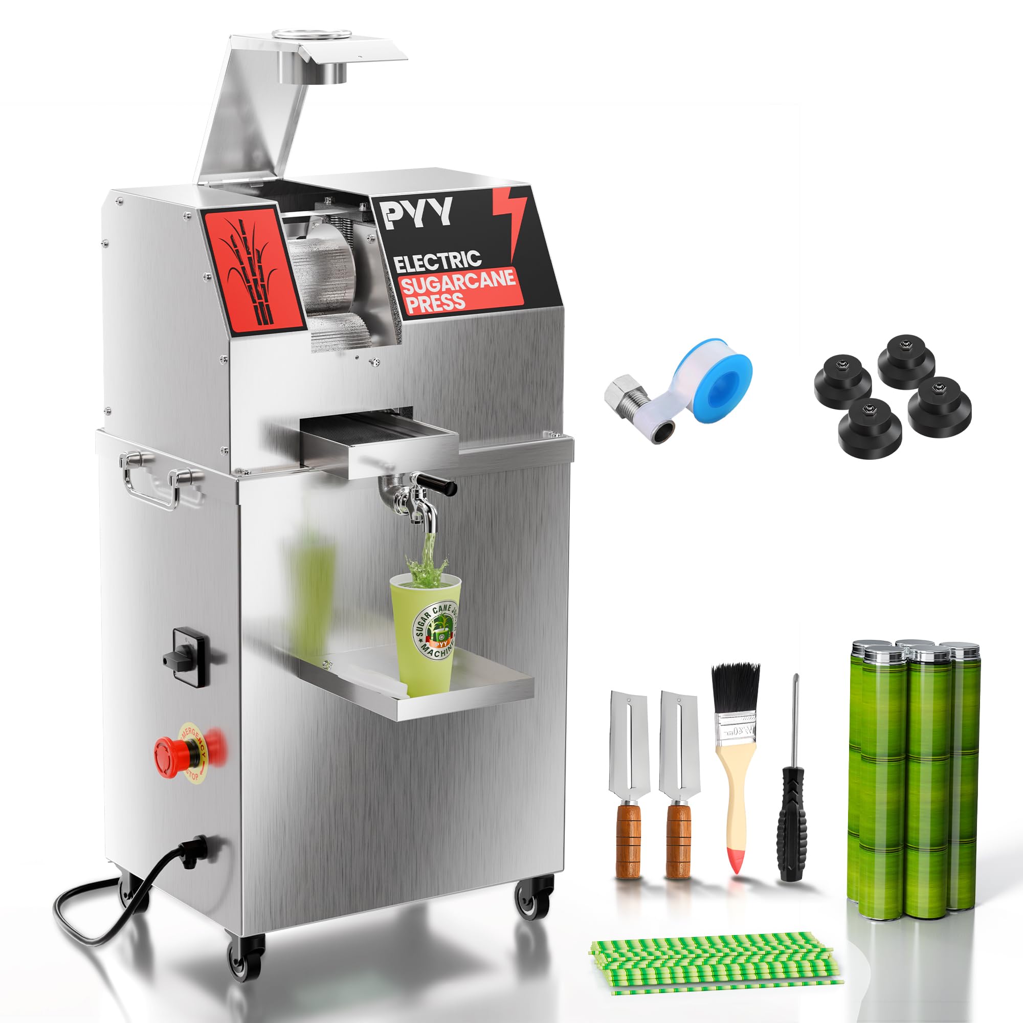 PYY Commercial Sugar Cane Juicer Machine - Electric 3-Rollers Sugarcane Juice Press Stainless Steel Extractor on Wheels,Cleaning Brush,2 Peelers,Straws and Cups,800W 110V-120V