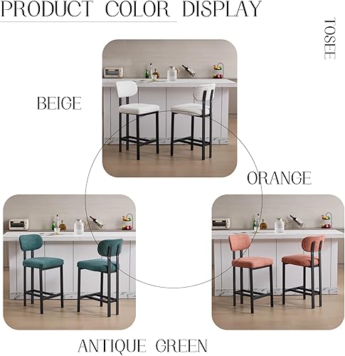 Miniatura 8 de Juego de 2 modernos taburetes de bar tapizados de tela para mostrador, sillas de isla de cocina de 26 pulgadas con patas de metal negro para