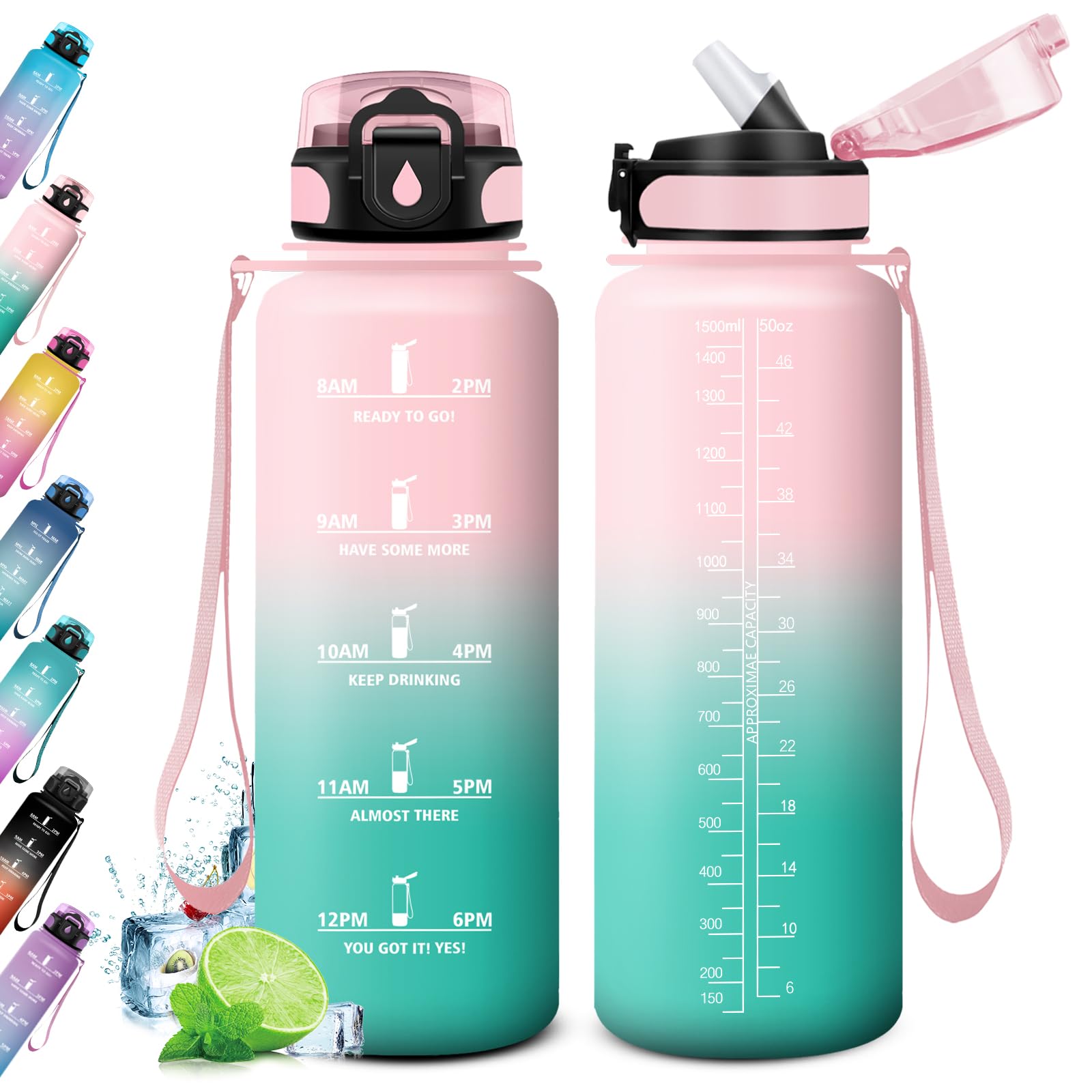 KollyKolla 1.5L Gym Water Bottle, Sports Bottle with Straw, Motivational Time Marker, Leak Proof, BPA Free, Plastic, 1500 ml, Cylindrical, Reusable, Adult, Sports, Gym, School, Travel