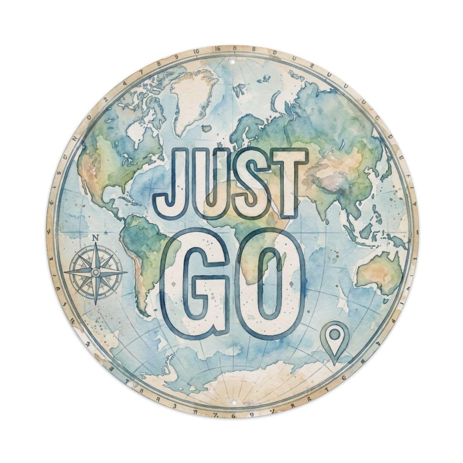 Vintage World Map with Compass Just Go Watercolor Metal Tin Sign