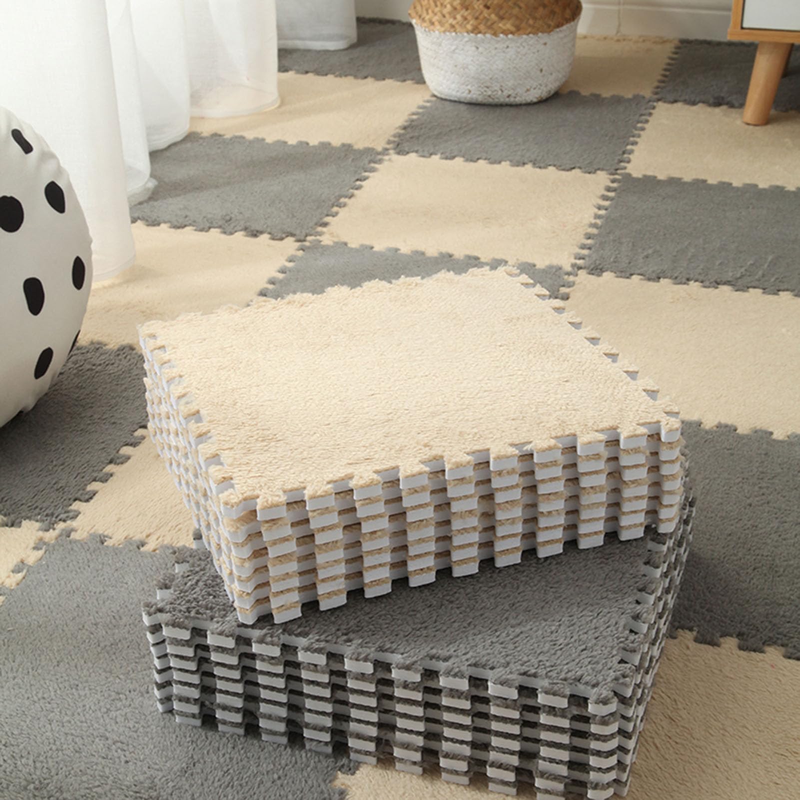 Płytki podłogowe z pianki, Zestaw 9 wielokolorowych, pluszowych, piankowych, kwadratowych mat podłogowych w kształcie puzzli, 12x12x0,4 cala(Gray+Apricot)