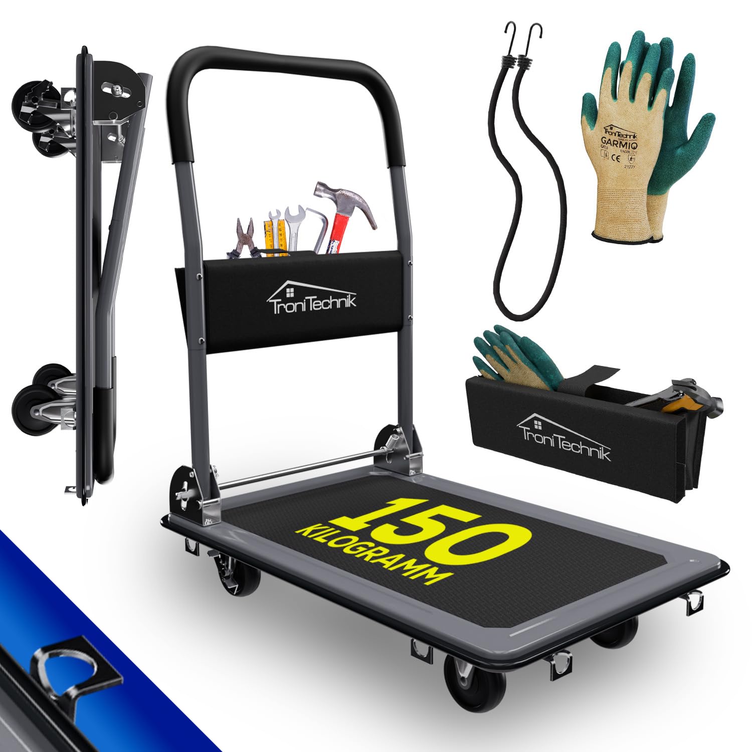 TroniTechnik® Transportwagen Paketwagen Plattformwagen klappbar mit Lenkrollen 150 kg Tragkraft mit Antirutschbeschichtung, Griffpolster, Halterungen - Ladefläche 72x48 cm