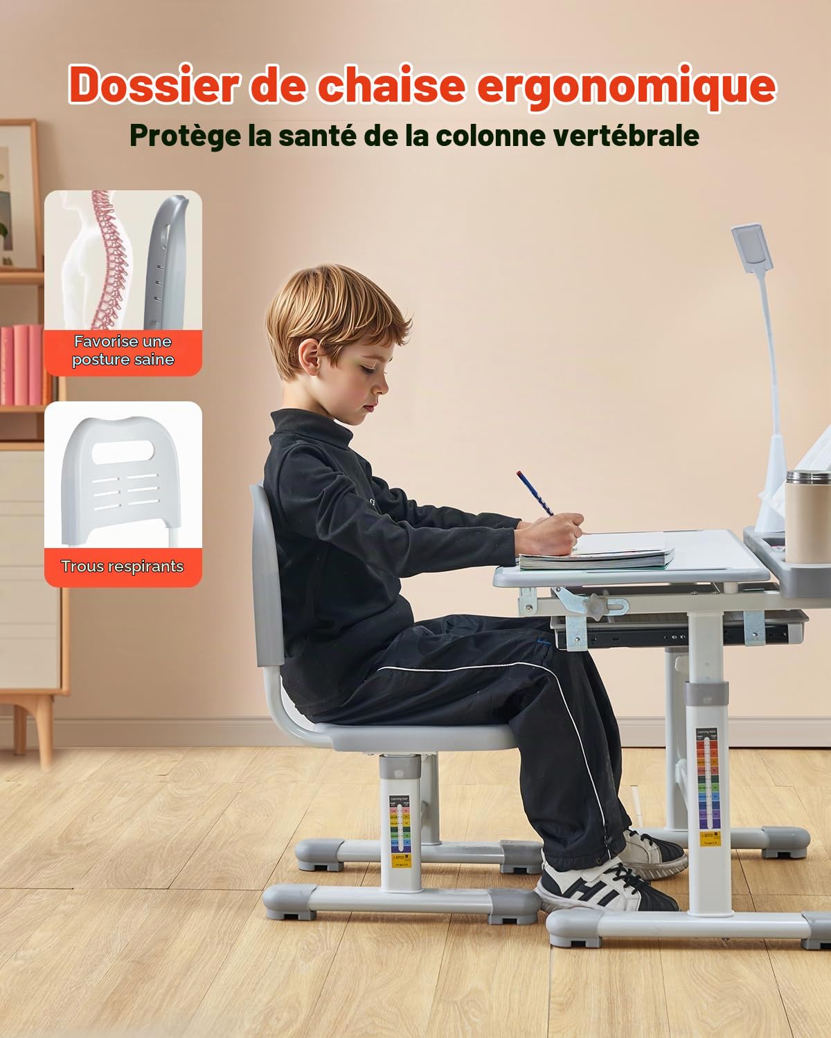 VEVOR Ensemble Chaise et Bureau pour Enfants avec Lampe de Table, Table et Chaise d'étude, Hauteur réglable et inclinés de 0 à 40°, pour Lecture, Apprentissage, pour Chambre et Salle d'étude, Gris