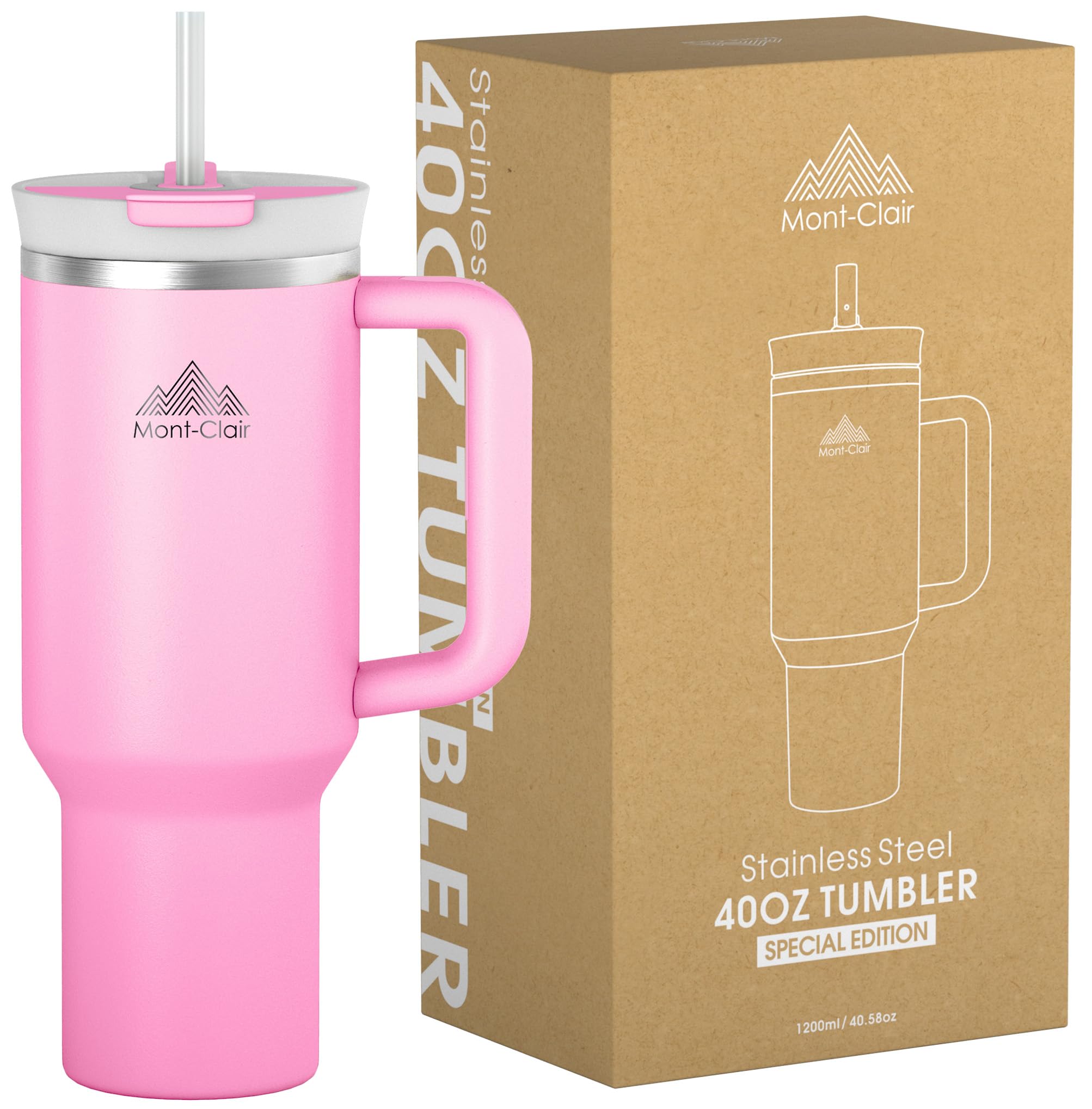 Mont-Clair 40oz Tumbler with Straw and Lid - Leakproof Insulated Stainless Steel Travel Mug with Handle - Travel Mug - Hot & Cold Drinks - Cold or Hot for 10 Hours - Iced for 48 Hours - 1200ml - Pink