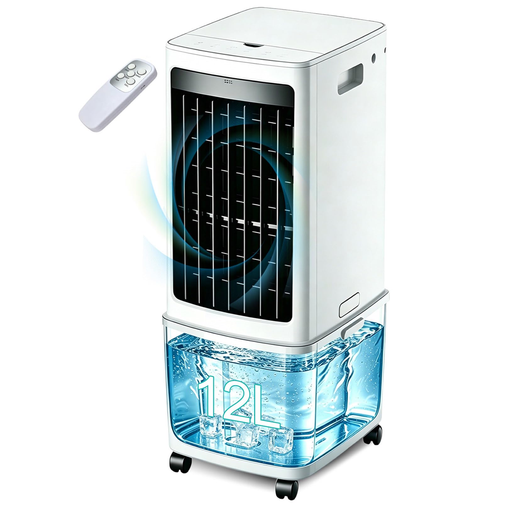 Portable Air Cooler 12L, Mobile Air Conditioning Unit with Remote Control, 45W Energy Saving Bladeless Tower Fan, 7.5H Timer, Oscillation, Quiet Cooling with 4 Ice Packs for Home Office Bedroom