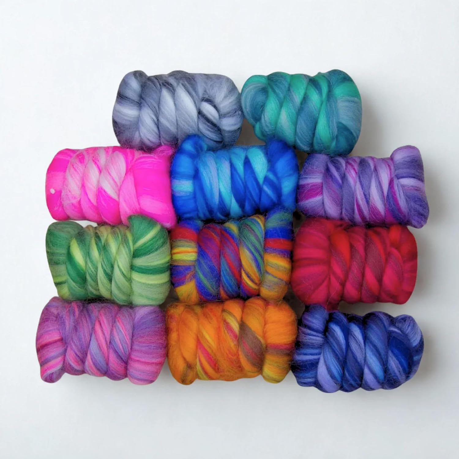 Revolution Fibers | Luminoso Variety Pack | 11 Gorgeous Merino Colorways (275 Grams / 10 Oz) | Multicolored Tonal Blend of 100% Dyed Merino Combed Top | Fiber for Felting, Spinning and Weaving