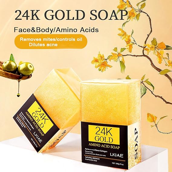 LKIAE 24K Gold Amino Acid Whitening Soap, Reduce Dark Spots, Acne, Deep Clean Skin With Shea Butter, Olive Oil, For Face, Body, 200g (Pack of 3)