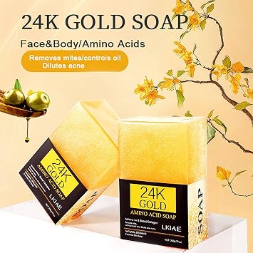 LKIAE 24K Gold Amino Acid Whitening Soap, Reduce Dark Spots, Acne, Deep Clean Skin With Shea Butter, Olive Oil, For Face, Body, 200g (Pack of 3)