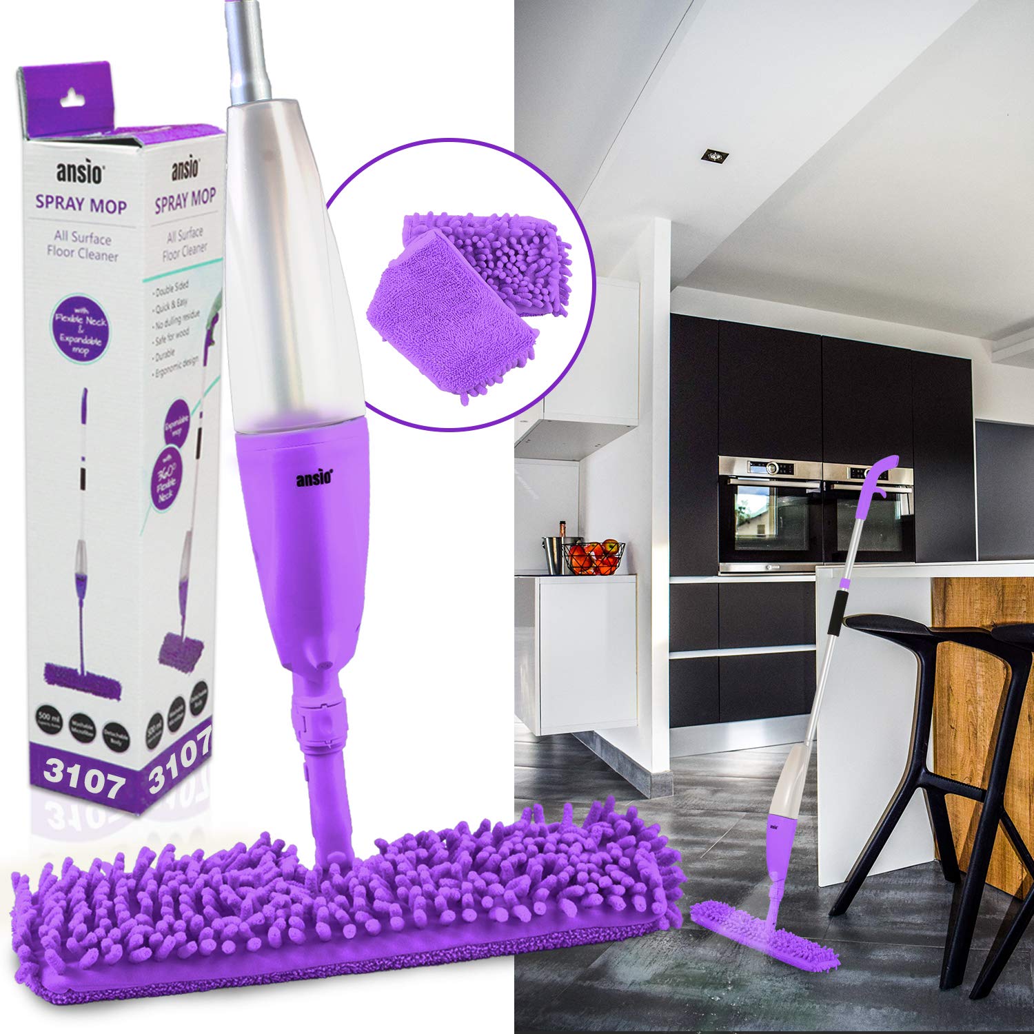 ANSIO Spray Microfibre Floor Mop with Reusable Microfiber Pad (Machine Washable) & Refillable Bottle. Suitable for Wooden, Vinyl, Marble & Tiles Floors - Purple