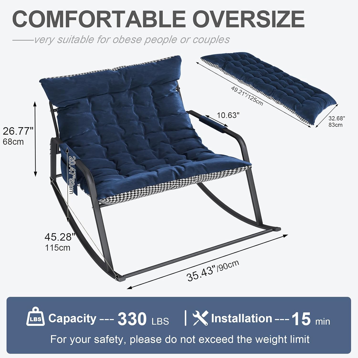 35'' Oversized Nursery Rocking Chair, Upholstered Glider Rocker Nursery Rocking Accent Chair, Recliner Armchair with Side Pocket, Comfy Side Living Room Chairs for Bedroom Nursing Room(Blue)