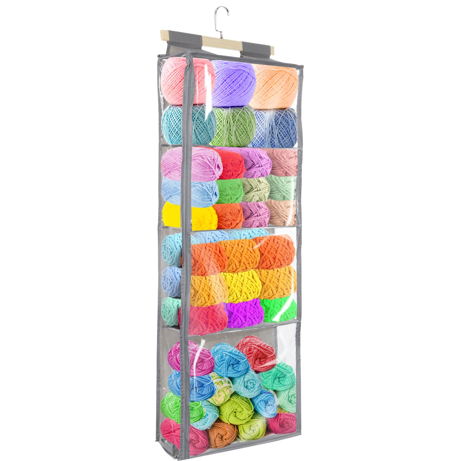 YEXEXINM Hanging Yarn Storage with 4 Large Pockets, Clear Knitting Organizer Storage with Zippers for Crochet Lovers, Hanging Yarn Holder with