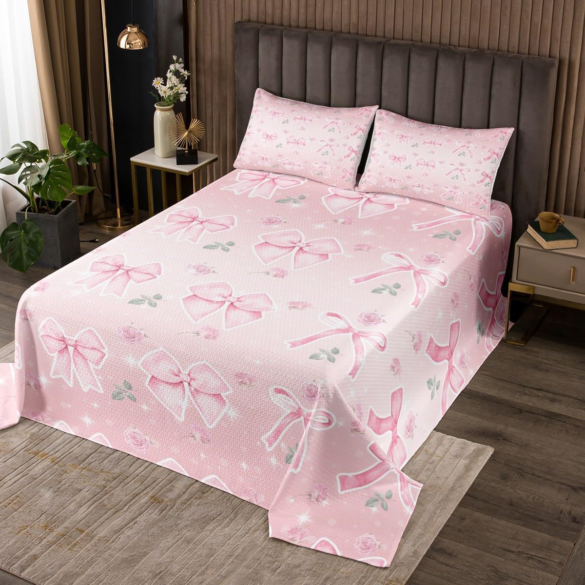 Erosebridal Princess Bowknots Bedspread Set Queen,Pearl Necklace Coverlet Set with Various Bow Design,Vintage Flower Floral Print Bed Set,Coquette Aesthetic Bedding Set for Girls Women